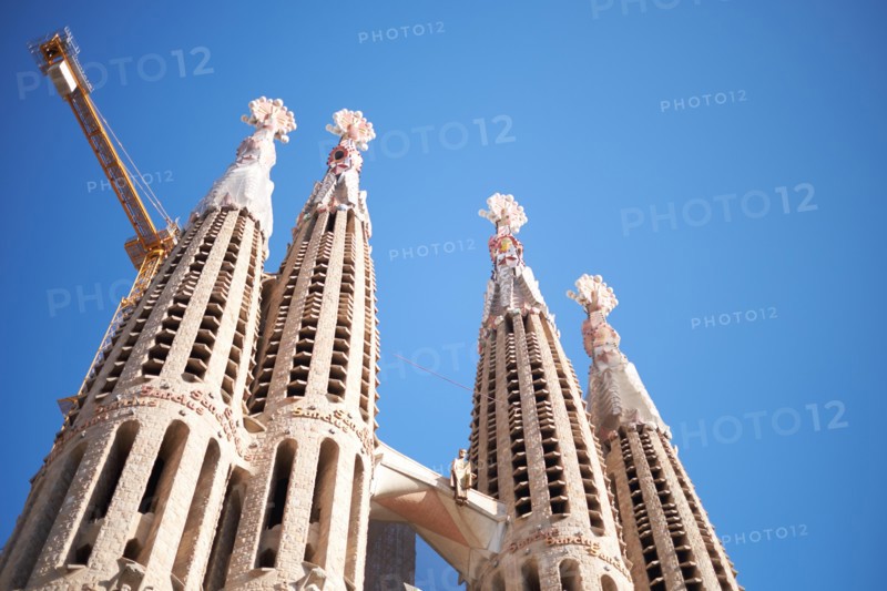 Towers or spires of the Sagrada Família Gaudi church in Barcelona Spain