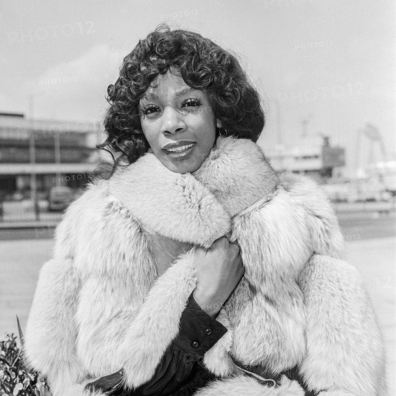 American singer actress Donna Summer arriving at Heathrow Airport in 1976.