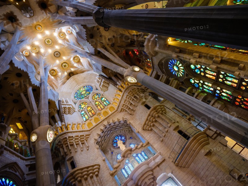 BARCELONA, SPAIN - CIRCA MAY 2018: Interior of La Sagrada Familia, a famous Cathedral in Barcelona designed by Antoni Gaudi. View of the interior colu