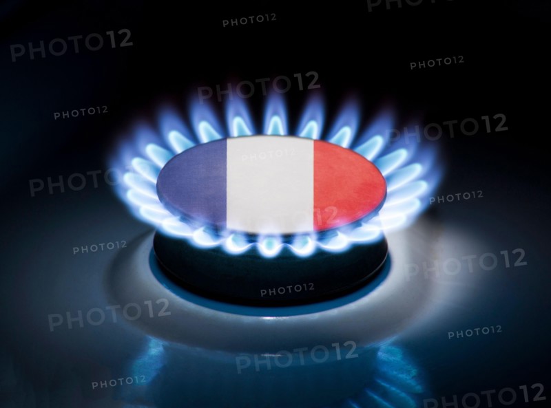 Burning gas burner of a home stove in the middle of which is the flag of the country of France. Gas import and export delivery concept, price per cubi