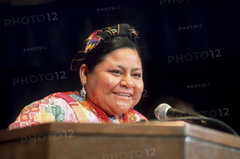 Georgetown, Texas USA, Feb. 4 1999: Guatemalan Nobel Peace Prize winner Rigoberta Menchu Tum at human rights symposium hosted by Southwestern University. ©Bob Daemmrich