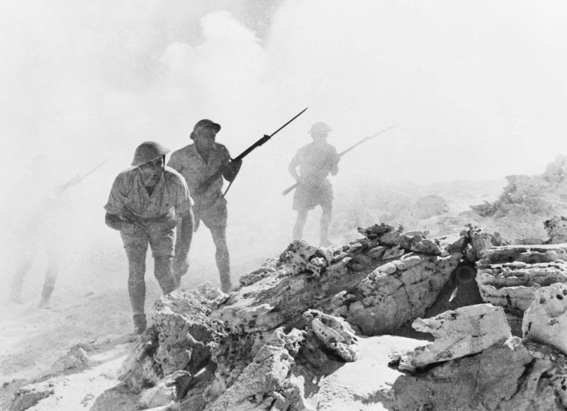 Australian troops fighting in the North African desert at the battle of El Alamein in Egypt