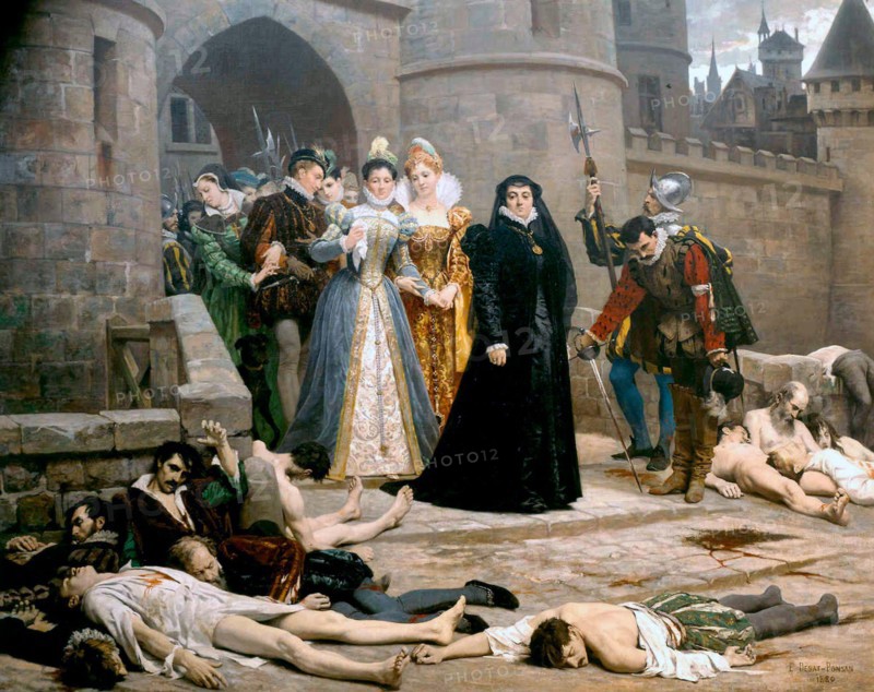 The St Bartholomew's Day massacre (Massacre de la Saint-Barthélemy) in 1572. In the religious war between the royalist Catholics and the Huguenots (French Calvinist Protestants. Over a period of several weeks the mob violence left betweem 50000 and 30,000 protestants dead. In this painting Catherine de Medici, widow of King Henri II, who was blamed for stirring the trouble, is seen looking with satisfaction at the bodies of the dead.