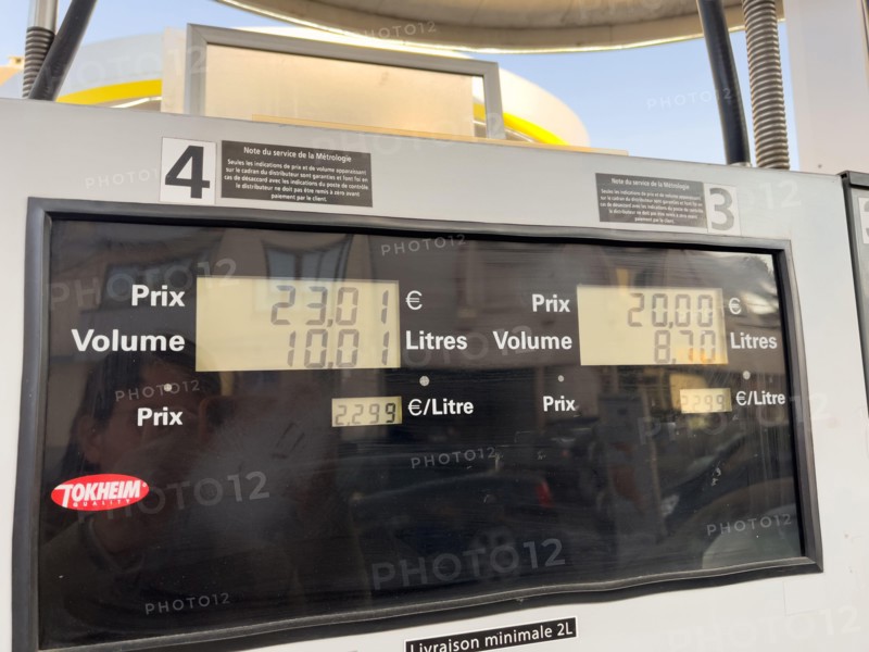 Strasbourg, France - Mar 11 2022: Italian Eni gas station with new prices at the pump exceeding all expectations 2.229 Euros per liter. The war in Ukraine has pushed fuel prices above the two-euro threshold for first time.