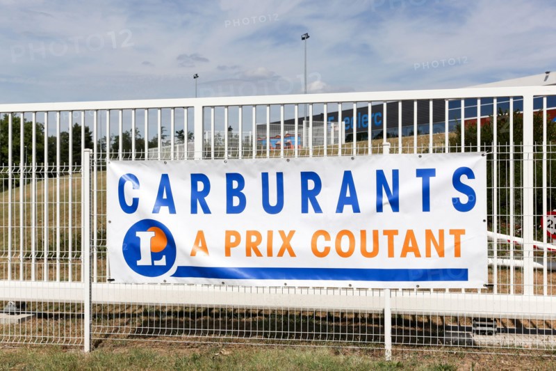 Saint Georges, France - July 28, 2022: Petrol and diesel at cost price at Leclerc supermarket in France called carburants à prix coutant in French
