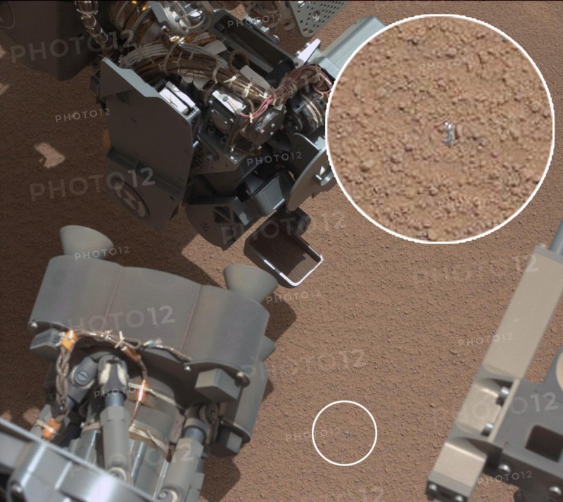 View of Curiosity's First Scoop Also Shows Bright Object This image from the right Mast Camera (Mastcam) of NASA's Mars rover Curiosity shows a scoop full of sand and dust lifted by the rover's first use of the scoop on its robotic arm. In the foreground, near the bottom of the image, a bright object is visible on the ground. The object might be a piece of rover hardware. This image was taken during the mission's 61st Martian day, or sol (Oct. 7, 2012), the same sol as the first scooping. After examining Sol 61 imaging, the rover team decided to refrain from using the arm on Sol 62 (Oct. 8). Instead, the rover was instructed to acquire additional imaging of the bright object, on Sol 62, to aid the team in assessing possible impact, if any, to sampling activities.

For scale, the scoop is 1.8 inches (4.5 centimeters) wide, 2.8 inches (7 centimeters) long.