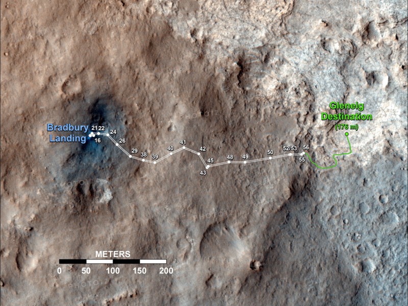Curiosity's Travels Through Sol 56 This map shows the route driven by NASA's Mars rover Curiosity through the 56th Martian day, or sol, of the rover's mission on Mars (Oct. 2, 2012).

The route starts where the rover touched down, a site subsequently named Bradbury Landing. The white line extending toward the right (eastward) from Bradbury Landing is the rover's path so far, and the green line shows its planned future route. Numbering of the dots along the line indicate the sol number of each drive. North is up. The scale bar is 200 meters (656 feet). By Sol 56, Curiosity had driven at total distance of about 1,590 feet (484 meters).

The Glenelg area farther east is the mission's first major science destination, selected as likely to offer a good target for Curiosity's first analysis of powder collected by drilling into a rock.

The image used for the map is from an observation of the landing site by the High Resolution Imaging Science Experiment (HiRISE) instrument on NASA's Mars Rec...