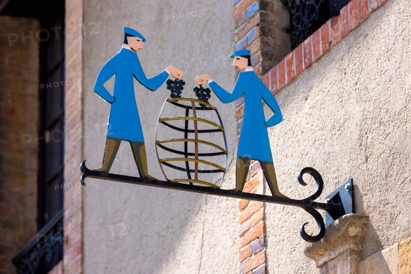 Hanging sign of grape harvest in Hautvillers near Epernay, Champagne-Ardenne, France