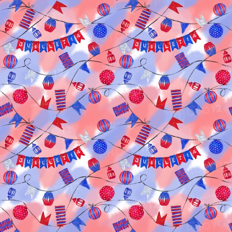 Bastille Day Street Decorations Seamless Pattern. Lanterns and Flags Seamless Rapport for Background, Print, and Textile. France Patriotic Design.