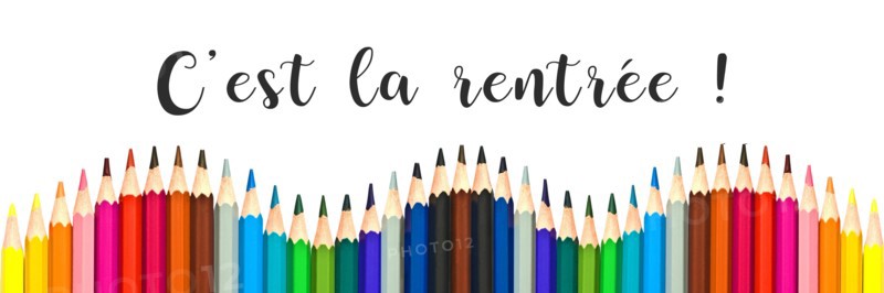 Panorama of colorful pencils on white background with text "c'est la rentree" meaning Back to School in French