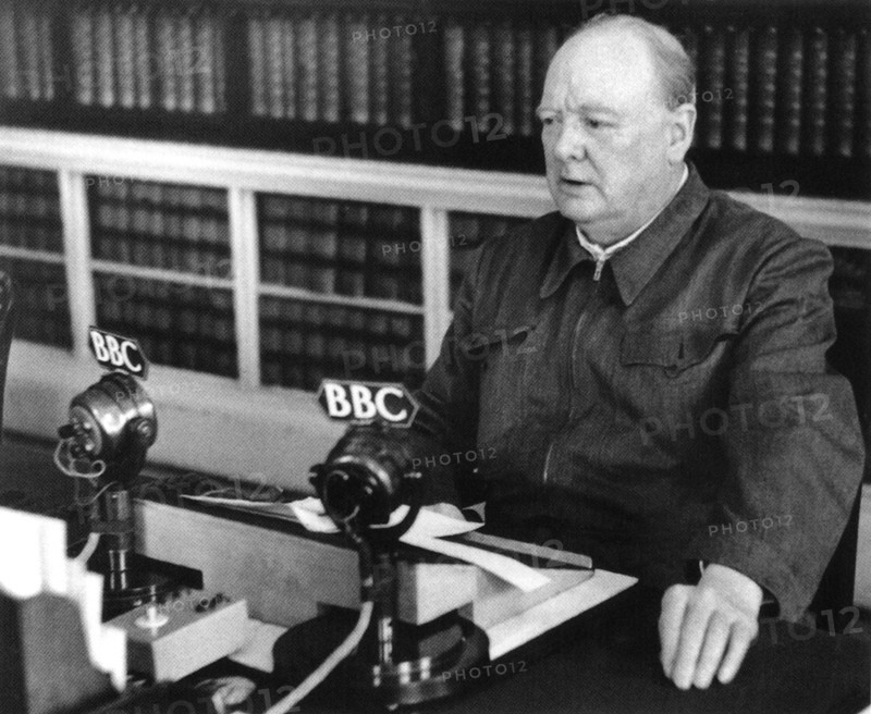 Churchill broadcasting news on the BBC that the British successes in the Western Desert, including El Alamein, had reduced the German threat. Oct 1942