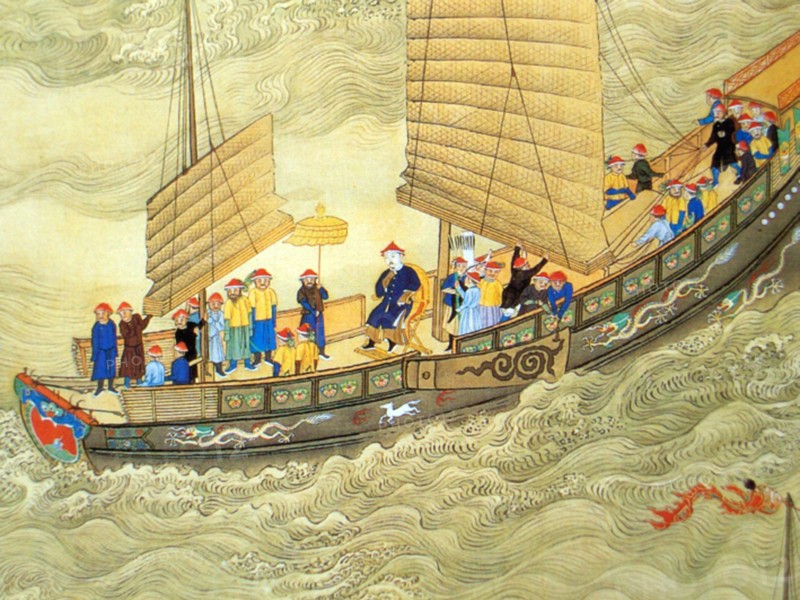 China: The Kangxi Emperor on tour. Detail of handscroll painting, early 18th century.

Emperor Kangxi, personal name Xuanye and temple name Shengzu, was the fourth ruler of the Qing Dynasty and the second Qing emperor to rule over China proper, from 1661 to 1722.

Kangxi's reign of 61 years makes him the longest-reigning Chinese emperor in history (although his grandson, the Qianlong Emperor, had the longest period of de facto power) and one of the longest-reigning rulers in the world. He was considered one of China's greatest emperors.