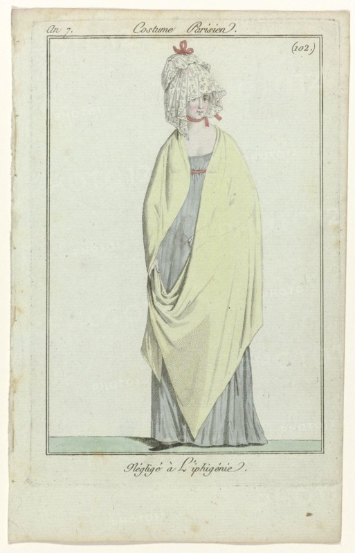 "negligee à L'Iphigénie. Dress with high waist to shoulders a long scarf. Accessories: pleated hat with floral pattern, flat shoes with pointed nose. The picture is part of the fashion magazine Journal des Dames et des Modes, edited by Sellèque, Paris, 1797-1839. Manufacturer : printmaker: anonymous publisher: Sellèqueuitgever: Pierre de la MésangèrePlaats manufacture: Paris Date: 1799 Physical features: engra, hand-colored material : paper Technique: engra (printing process) / hand-color measurements: plate edge: h 176 mm × W 116 mm Subject: fashion plates head-gear: cap (+ women's clothes) d