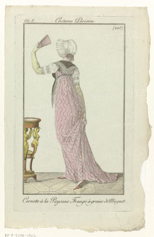 'Cornette à la Paysane'. Fichu trimmed with tassels and beads, "the grains Muguet. Dress with drag and geometric zigzag pattern. Folding fan. The picture is part of the fashion magazine Journal des Dames et des Modes, published by Pierre de la Mésangère, Paris, 1797-1839. Manufacturer : printmaker: anonymous publisher: Pierre de la MésangèrePlaats manufacture: Paris Date: 1800 Physical features: engra, hand colored material: paper Technique: engra (printing process) / hand-color measurements: plate edge: h 184 mm × W 111 mm Subject: fashion plates head-gear (CORNETTE) (+ women's clothes) dress