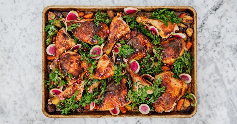 Roasted Chicken with carrots, radishes, and pomegranate