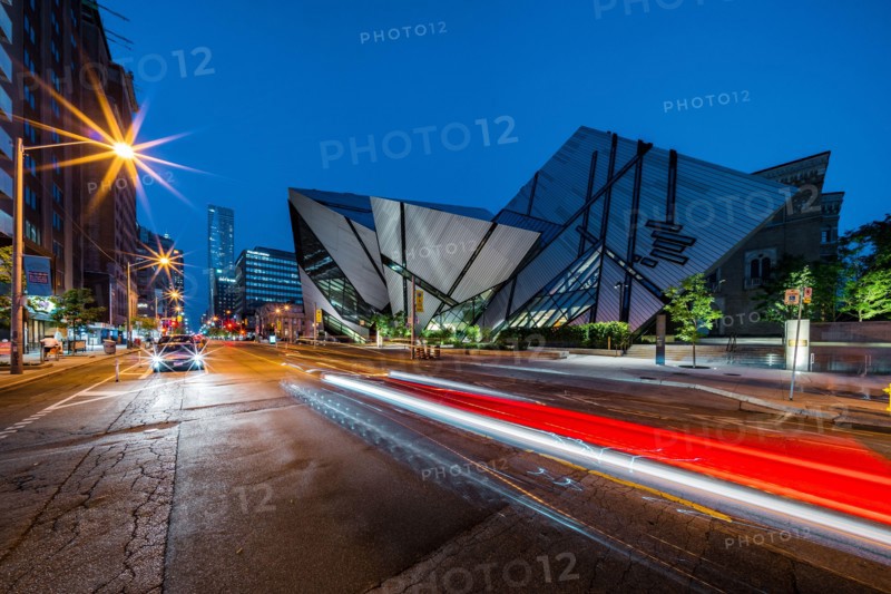 Night view of architectural landmark Royal Ontario Museum aka the ROM in Toronto, Ontario, Canada.