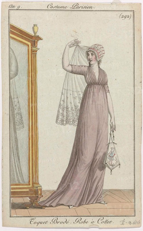 Journal des Dames et des Modes, Costume Parisien, 5 avril 1801, An 9, (292) : Toquet Brodé (...).Standing woman, next to a fitting mirror, with a 'toquet' with embroidery on the head. Veil with flower pattern. She is wearing a frock with raised collar and drag. Further accessories: reticule with women's figure, flat shoes with pointed noses. The print is part of the fashion magazine Journal des Laden et DES Moldes, published by Pierre de la Mésangère, Paris, 1797-1839.