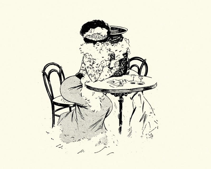 Vintage illustration Two woman drinking and looking at postcards at a cafe, Belle Époque, 1900s
