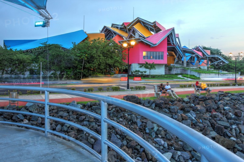 Night scene of Biomuseo, a museum dedicated to the national history of the region and the isthmus enabling the Panama Canal, located just outside Pana
