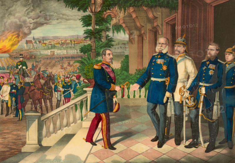 The surrender of Emperor of the French Napoleon III to the Prussians after the Battle of Sedan during the Franco-Prussian War aka Franco-German War of 1870. Louis-Napoléon Bonaparte, 1808 –1873. The only president (1848–52) of the French Second Republic and, as Napoleon III, the Emperor (1852–70) of the Second French Empire.  In the picture Napoleon presents his sword to King Wilhelm I (William I), King of Prussia.