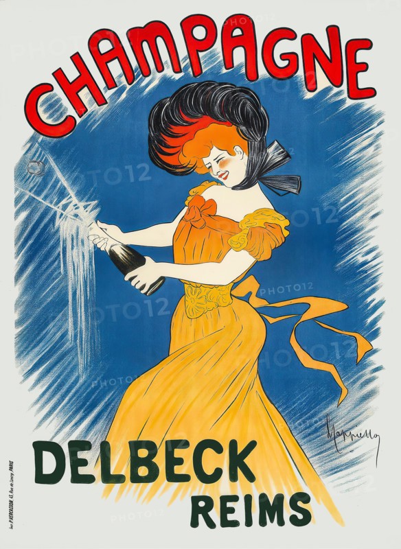 A turn of the 20th century advertising poster by Leonetto Cappiello (1875-1942), showing a woman opening a bottle of Delbeck Champagne. Established in 1832 by Félix-Désiré Delbeck in Reims. Delbeck champagne found favour with the court of Louis-Philippe of France, and was in 1838 named the official Champagne of the French monarchy.