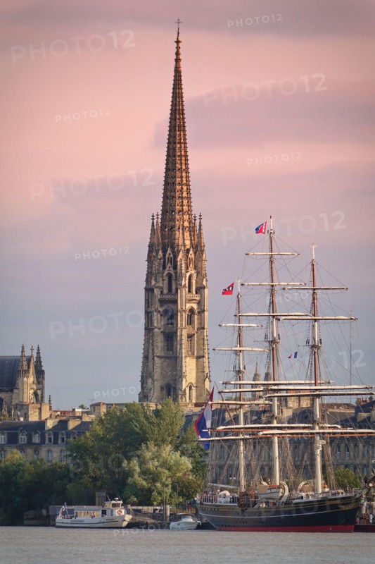 Bordeaux, France - august 2018: Bordeaux river fron with St Michel cathedral