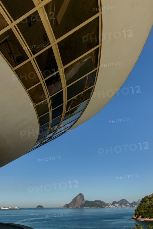 Museum of Contemporary Art, Niteroi, with sugar bread in the background, Rio de Janeiro, Brazil on September 01, 2022.