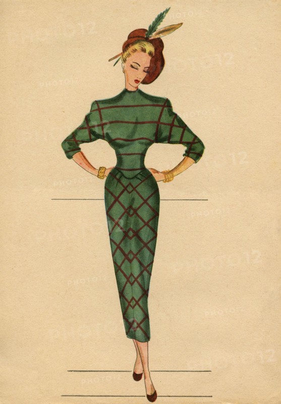Woman fashion illustration drawing: Sketch of clothes and accessories, Italy 1940s