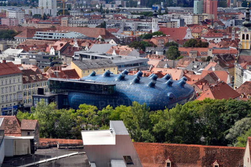 Austria, aerial view over the UNESCO world heritage site city of Graz, capital of Styria with Kunsthaus, an exhibition building and new architectural