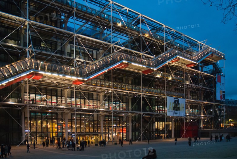 The striking post  modern architecture of the Pompidou Centre, Museum of Modern Art, Paris, illuminated at night.