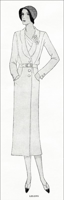 Original 1930s magazine illustration of Paris summer fashion Belted topcoat in white cheviot and patch pocketed by designer Lelong