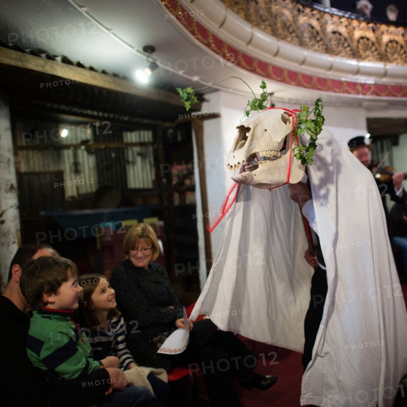 A traditional, welsh 'Mari Lwyd' horses skull being paraded around as people enjoy a Victorian themed Solstice night celebration