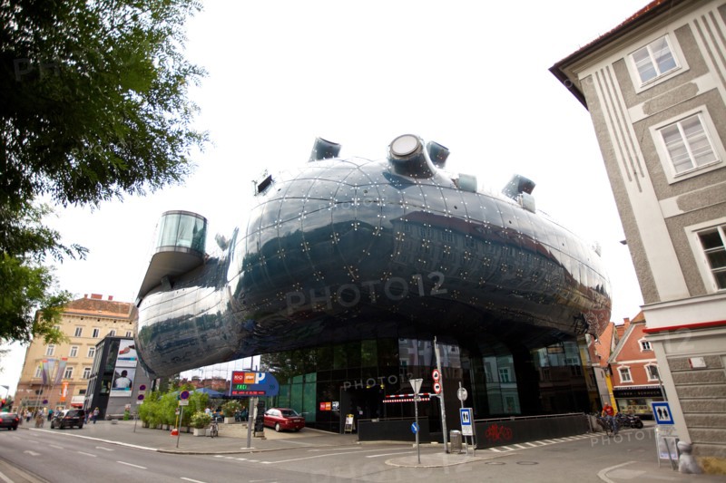 The Kunsthaus Graz, or "Friendly Alien" gallery in Graz, Austria houses galleries, cafes and a media center.