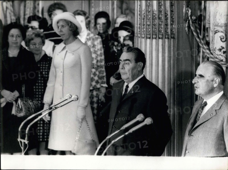 Oct. 26, 1971 - Mrs. Brejnev and Mrs. Pompidou are in the background. Leonid Brejnev, Secretary of the Soviet Union's Communist