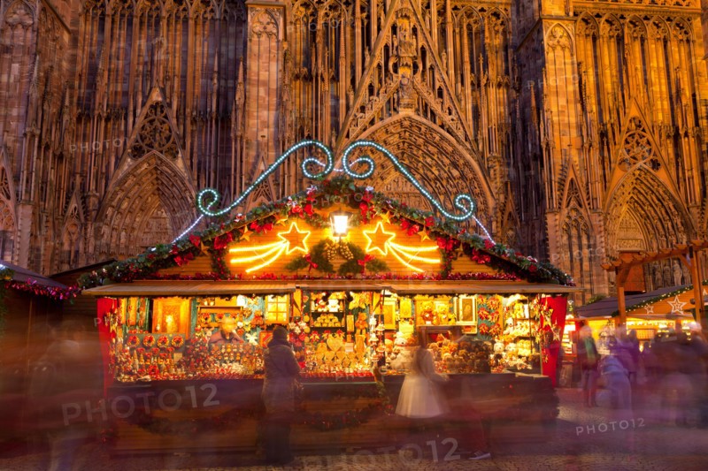 Christmas Market in front of Strasbourg Cathedral, Strasbourg, Alsace, France