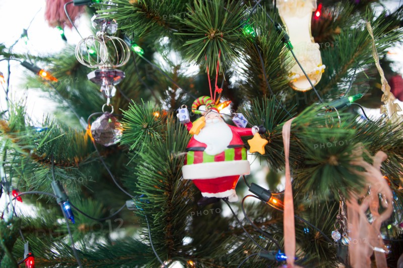 Christmas tree and christmas decorations close up photo.