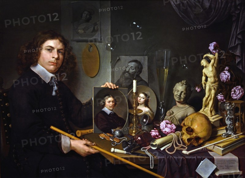 Vanitas still life with a self portrait 1651 of the young painter David Bailly  1584 - 1657 Dutch Netherlands ( Vanitas is a category of symbolic works of art, especially those associated with the still-life paintings of the 16th and 17th centuries in Flanders and the Netherlands. )