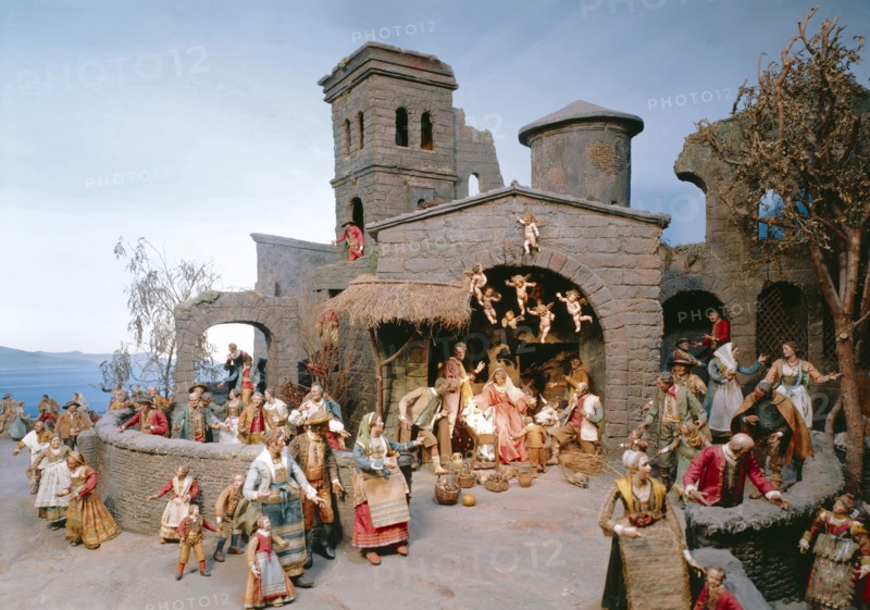 Creche, adoration the shepherds Naples, 18th century Christmas, yule tide, Still life, decoration, manger, nativity figurines, in Italian, Neapolitan, cradle exhibit, Germany, Bavaria, Munich, Bavarian national museum