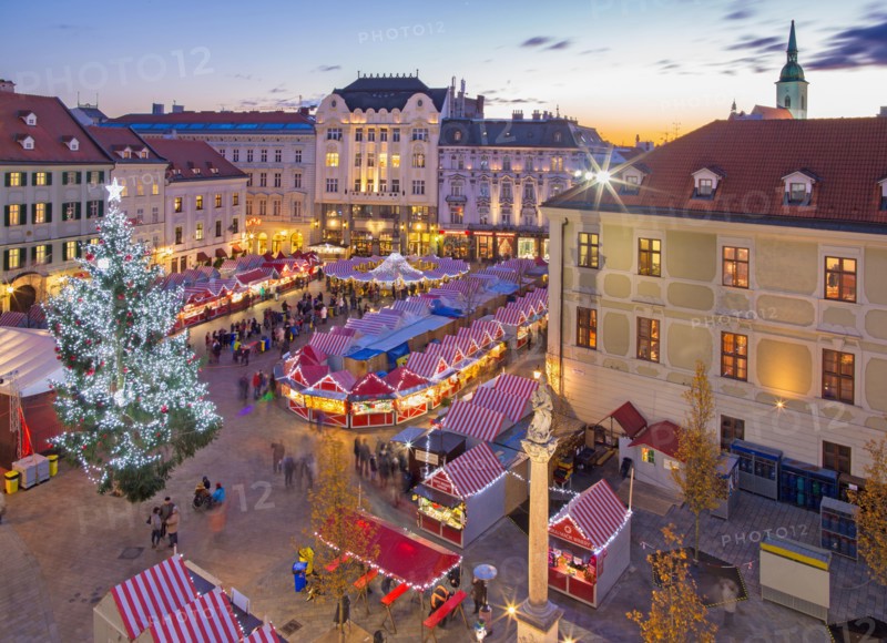 BRATISLAVA, SLOVAKIA - NOVEMBER 28, 2016: Christmas market on the Main square in evening dusk.