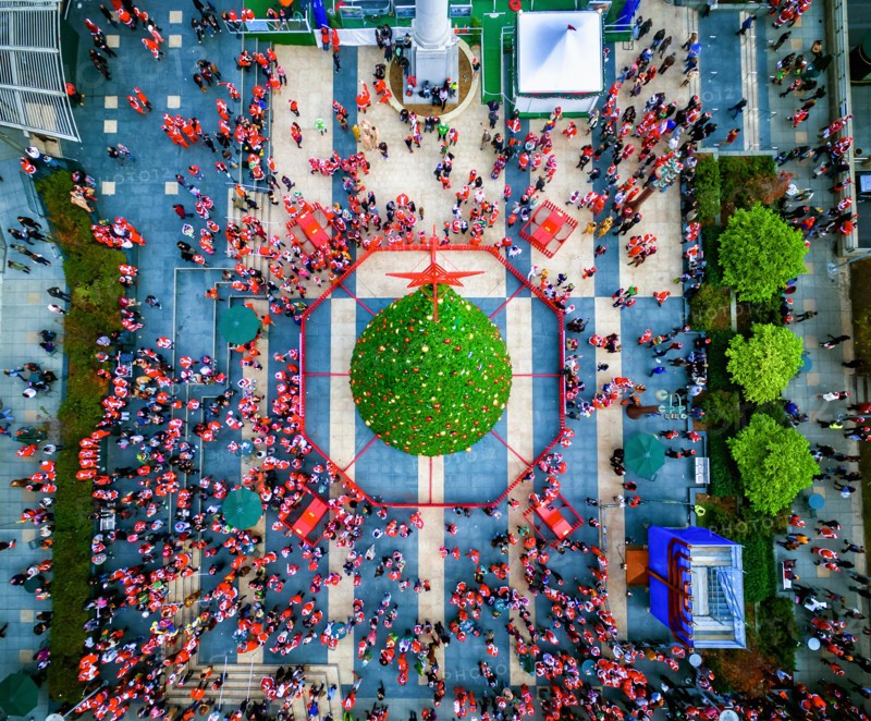 SantaCon parade in 2015. Aerial view over Union Square in San Francisco.