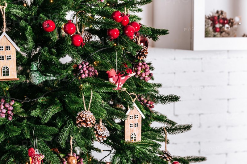 Christmas tree in Christmas living room. Beautiful New Year decorated classic home interior. Winter background