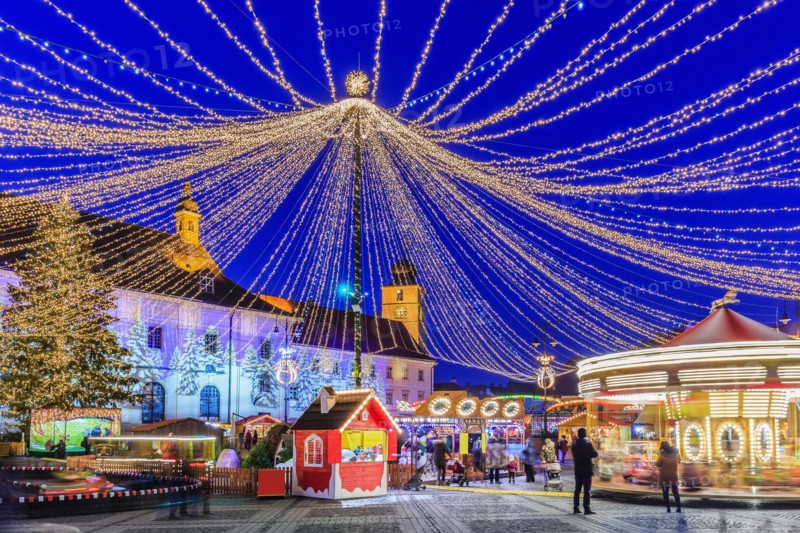Sibiu, Romania.  Christmas Market at twilight. Transylvania, Romania.