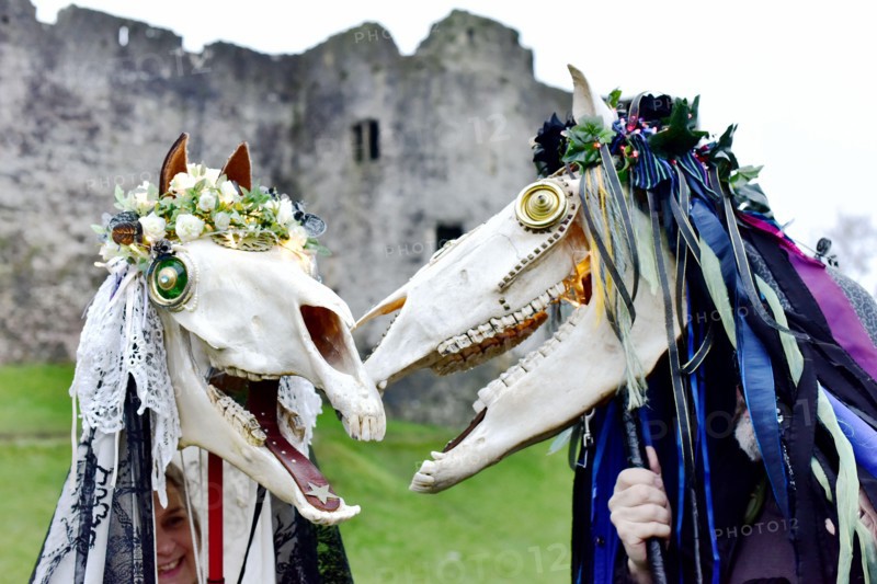 CHEPSTOW, UK. 20 January 2018. Sue Exton and John Exton from Monmouth. Chepstow Wassail and Mari Lwyd (the Grey Mare) celebrations. It’s a pre-Christian Welsh folk tradition that is said to bring good fortune. © Jessica Gwynne Credit: Jessica Gwynne/Alamy Live News