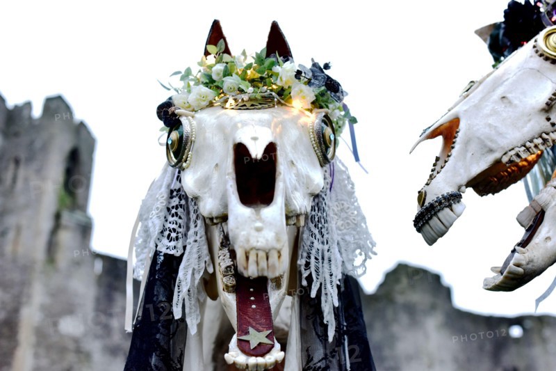 CHEPSTOW, UK. 20 January 2018. Sue Exton and John Exton from Monmouth. Chepstow Wassail and Mari Lwyd (the Grey Mare) celebrations. Itâ€™s a pre-Christian Welsh folk tradition that is said to bring good fortune. Â© Jessica Gwynne Credit: Jessica Gwynne/Alamy Live News