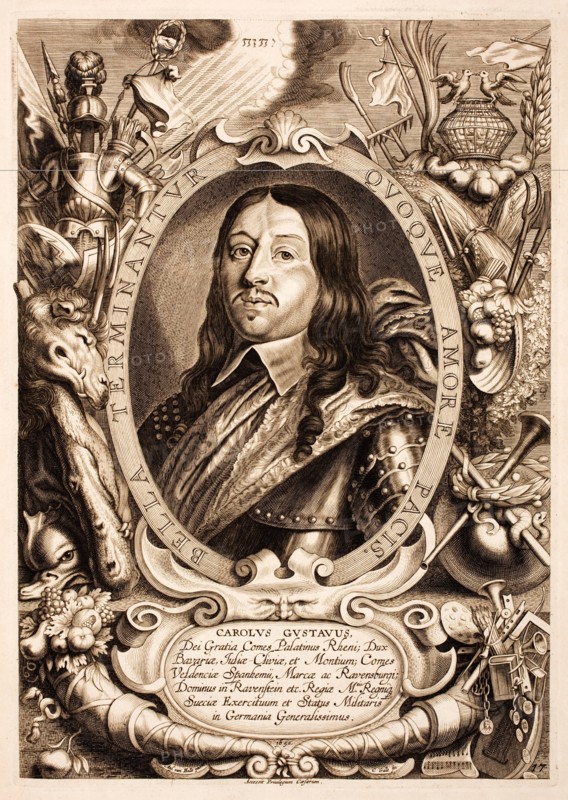 . Français : Charles X Gustave de Suède English: Charles Gustav. By the grace of God, Count Palatine of the Rhine; Duke of Bavaria, Jülich-Cleves, and Berg; Count of Veldenz-Sponheim, and of the Ravensberg Mark; Lord in Ravenstein etc. of the Royal Majesty and Kingdom of Sweden, Generalissimo of the Army and Military State in Germany. Nederlands: Karel Gustaaf. Bij de gratie Gods, Paltsgraaf van de Rijn; Hertog van Beieren, Gulik-Kleef, en Berg; Graaf van Veldenz-Sponheim, en van de Ravensbergermark; Heer in Ravenstein enz. van de Koninklijke Majesteit en Koninkrijk van Zweden, Generalissimo v