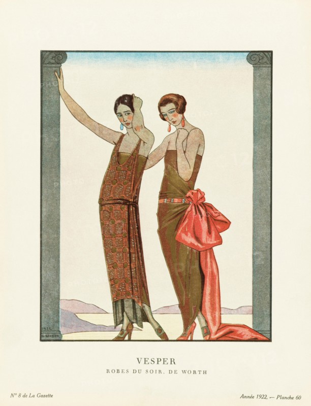 Vesper.  Evening. Robes du Soir, de Worth.  Evening dresses by Worth.  Art-deco fashion illustration by French artist Georges Barbier, 1882-1932.  The work was created for the Gazette du Bon Ton, a Parisian fashion magazine published between 1912-1915 and 1919-1925.