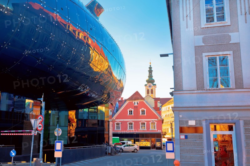 Graz cityscape modern and historic architecture street view, Styria region of Austria