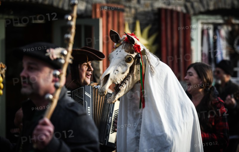 Gower, Swansea, Wales. Sunday 13th January 2019People across Wales have been taking part in the ancient tradition of celebrating the New Year on January 13th, as an alternative to the usual Christmas and New Year celebrations. Pictured are visitors and volunteers at The Gower Heritage Centre, in South Wales, taking part in the Wassail Festival, which included the ancient tradition of blessing apples trees, led by a Mari Lwyd, which is a old l Welsh custom which sees a horses scull mounted in a pole leading people in a parade from house to house in villlage's blessing the New Years. Credit : R