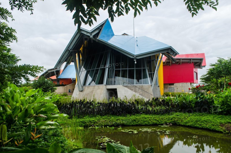 View of the Biomuseo, from the lush botanical garden that surrounds the facility designed by the world famous architect Frank Gehry