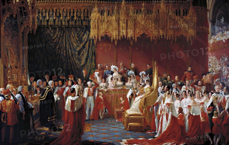 Painting of the Coronation of Queen Victoria of England. The Coronation of Queen Victoria in Westminster Abbey, 28 June 1838 by Sir George Hayter, oil on canvas, 1839